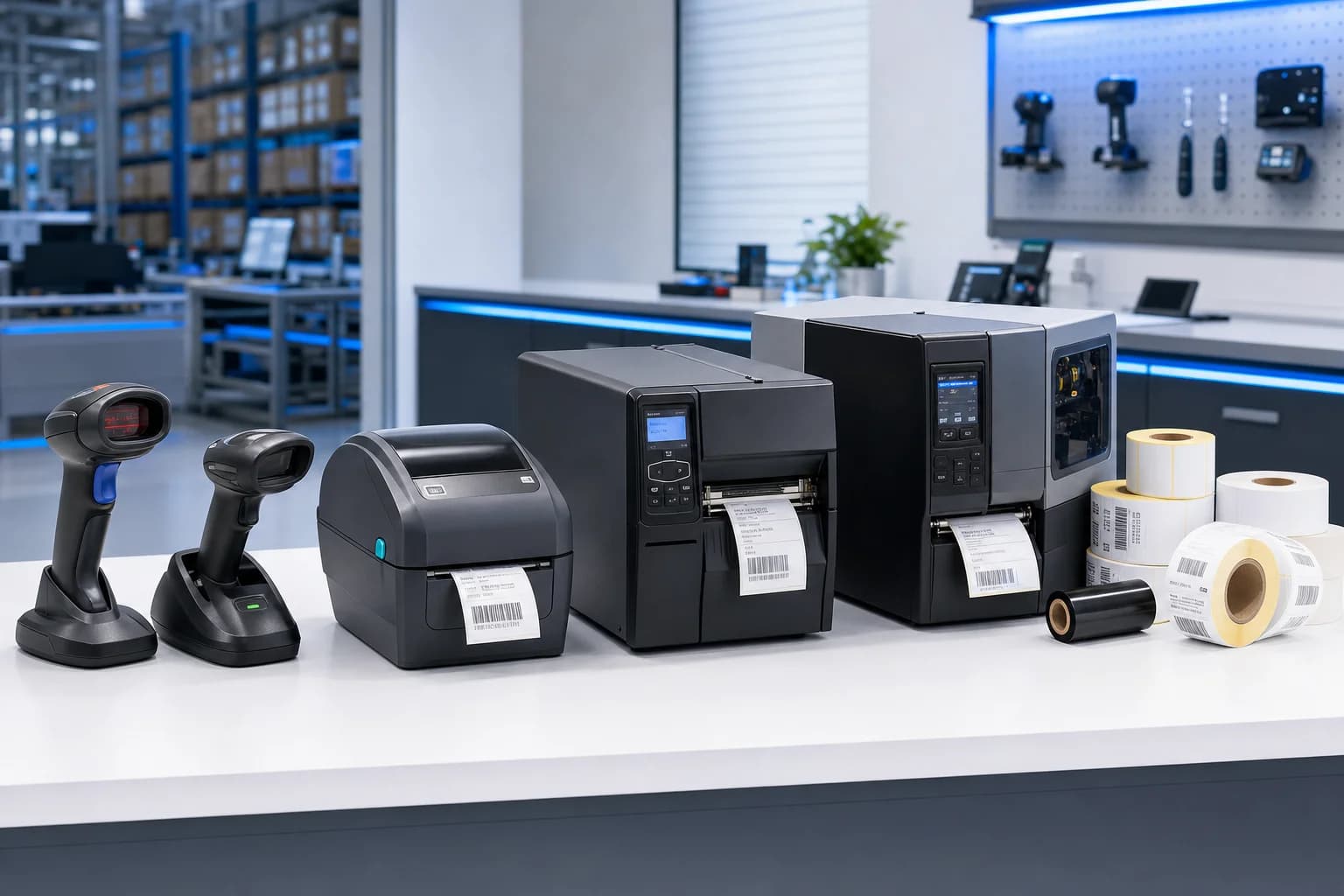 Barcode scanners, printers, and labeling supplies arranged in a clean workspace